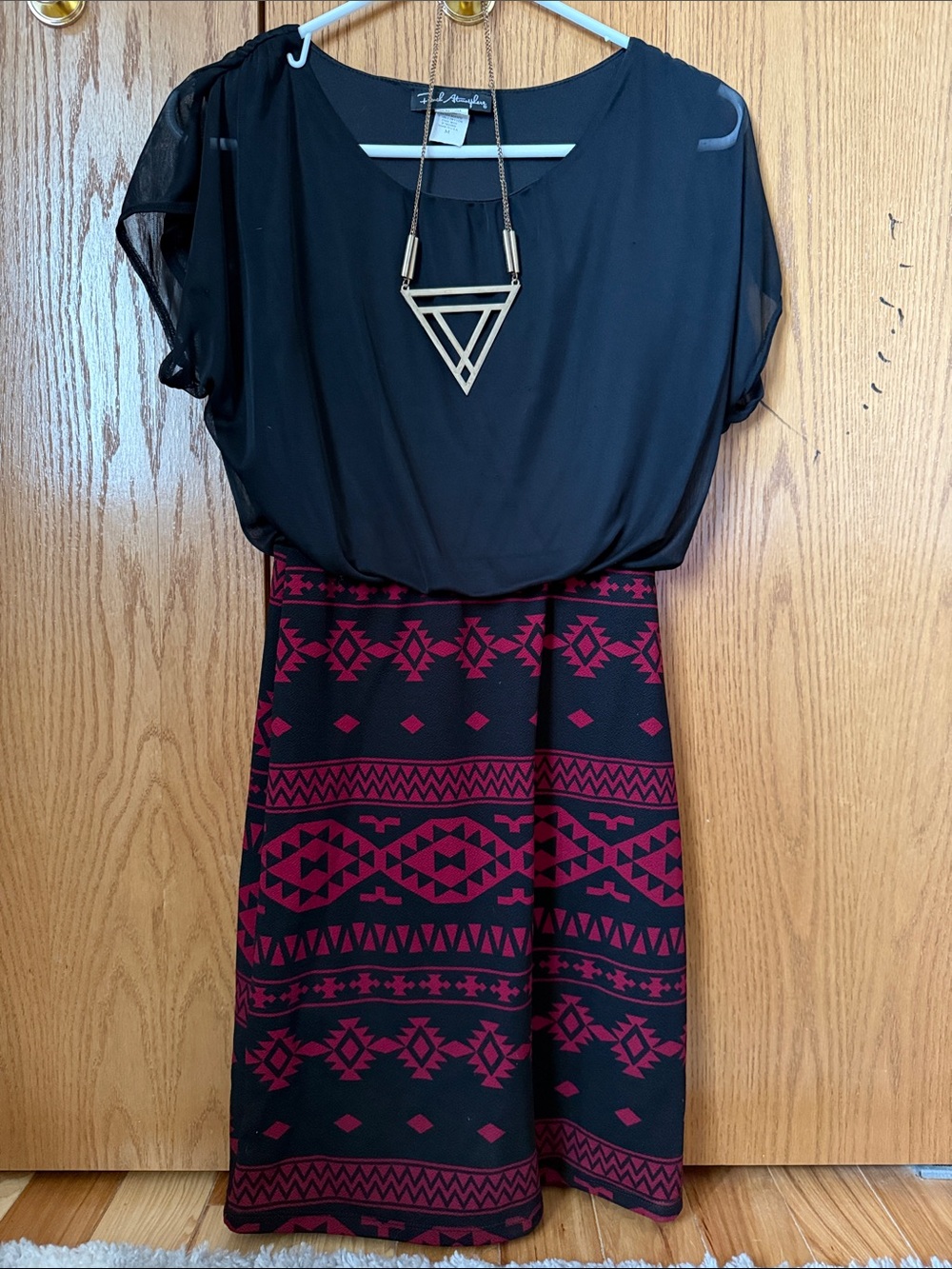 French Atmosphere Black and Burgundy Aztec Midi Dress